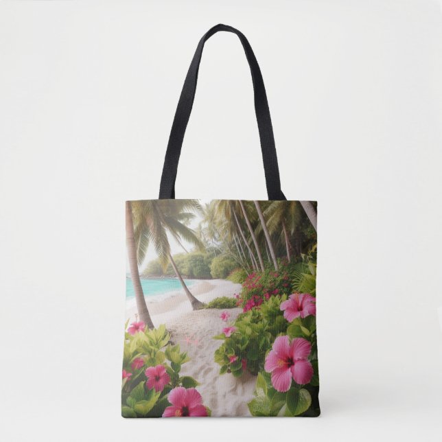 Tote Bag Plage de sable Fleurs d'Hibiscus Rose Tropical (Devant)