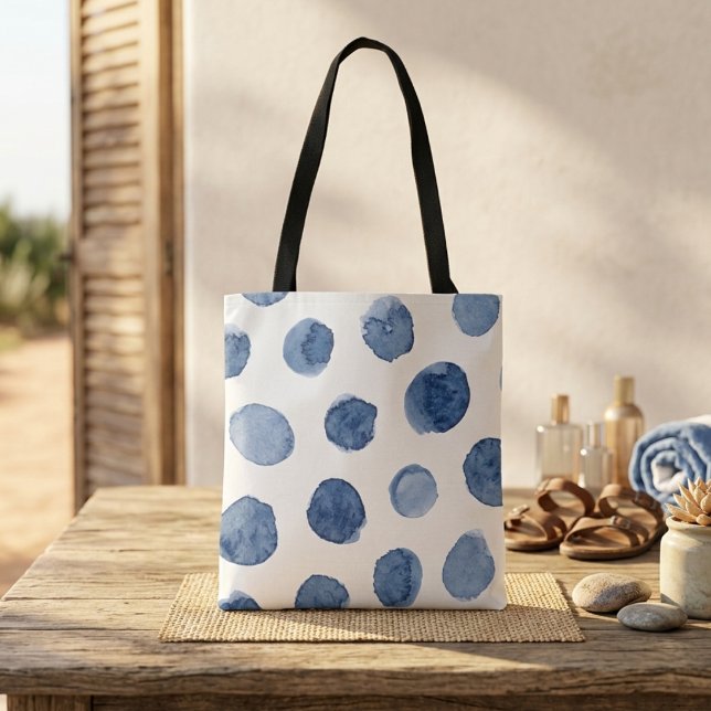 Tote Bag Plage d'été cool moderne points d'aquarelle bleu (Créateur téléchargé)