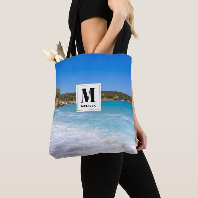 Tote Bag Plage exotique Île tropicale Paradis Monogramme (De près)