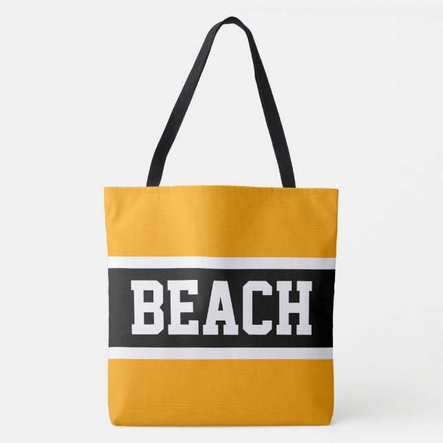 Tote Bag PLAGE Jaune Orange Noir Blanc Rayures (Devant)