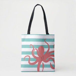 Tote Bag Plage moderne de pieuvre rouge blanche turquoise r