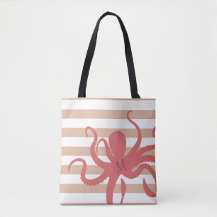 Tote Bag Plage moderne de pieuvre rouge sable blanc rayé