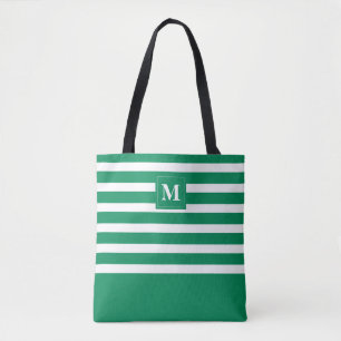 Tote Bag Plage Monogramme Rayée Verte Mignonne
