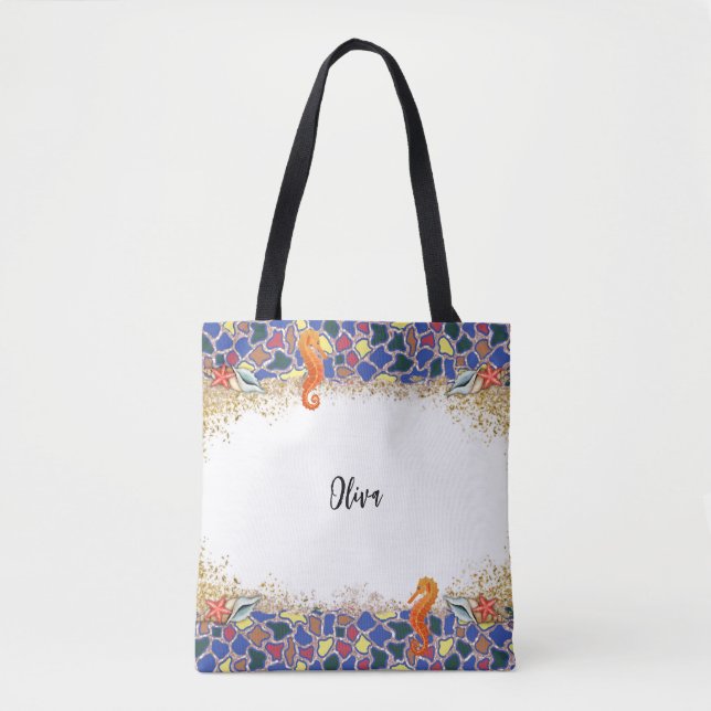 Tote Bag Plage Personnalisée Verre de Vie de mer à thème fr (Devant)