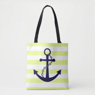 Tote Bag Plage rayée jaune nautique d'Ancre de bleu marine