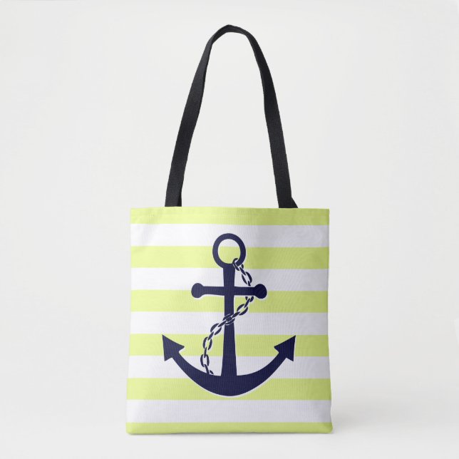 Tote Bag Plage rayée jaune nautique d'Ancre de bleu marine (Devant)