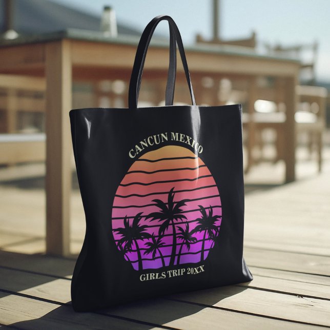 Tote Bag Plage Tropical Sunset Palm Trees Rose Noir Personn (Créateur téléchargé)