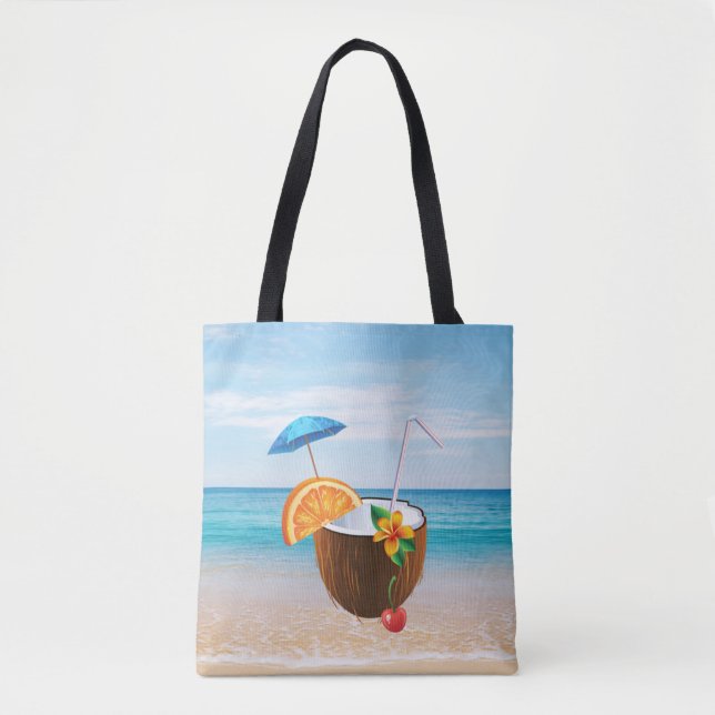 Tote Bag Plage tropicale, Ciel Bleu, Sable Océan, Cocktail  (Devant)