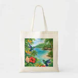 Tote Bag Plage tropicale de Tobago, colibris et hibiscus