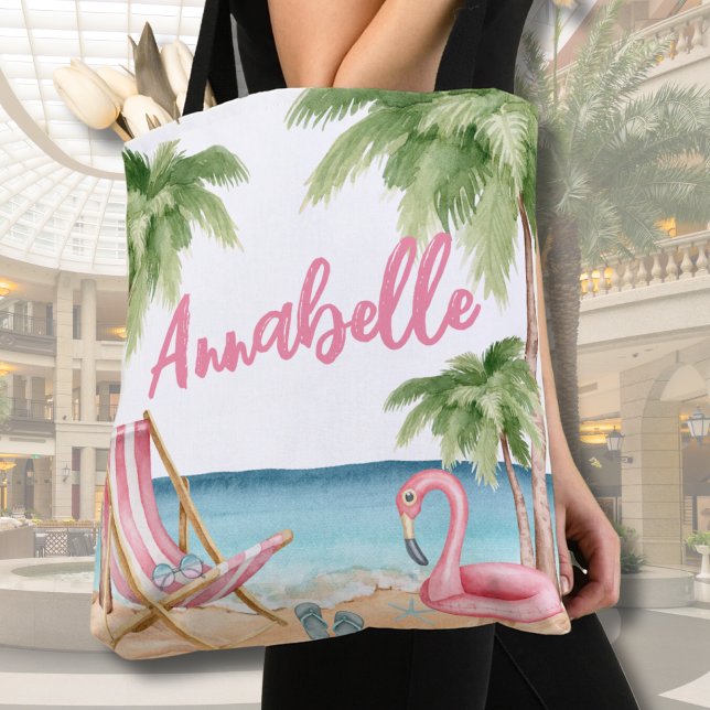Tote Bag Plage tropicale mignonne Girly rose Aquarelle (Cute Watercolor Tropical Beach Tote Bag)