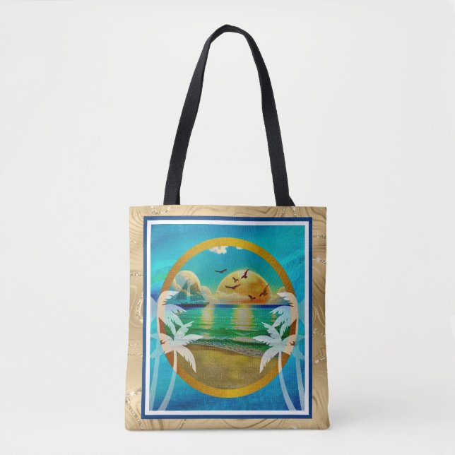 Tote Bag Plage tropicale moderne Palm Trees Sunset Vacances (Devant)