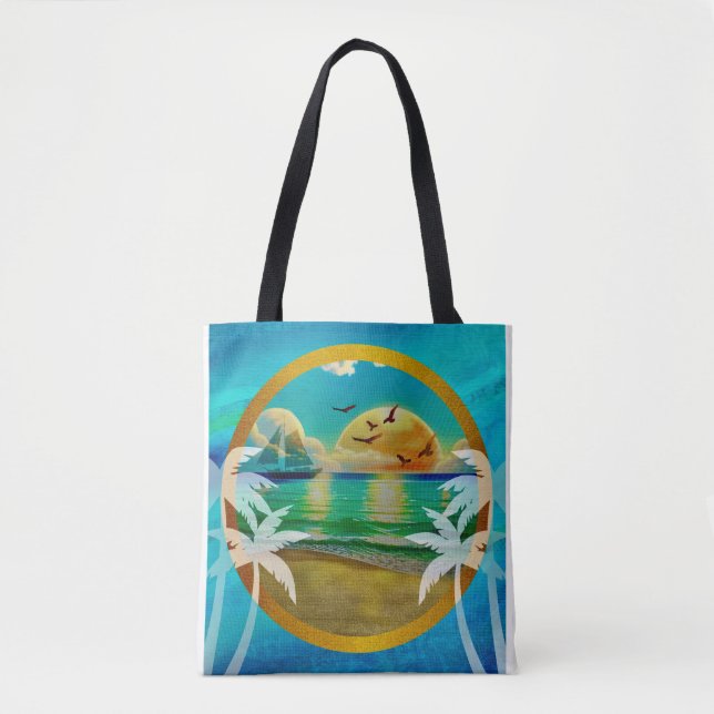 Tote Bag Plage Tropicale Moderne Palmiers Coucher de Soleil (Devant)