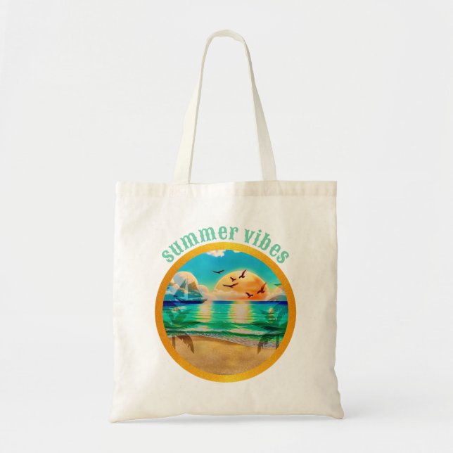 Tote Bag Plage Tropicale Moderne Palmiers Coucher de Soleil (Devant)
