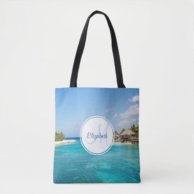 Tote Bag Plage tropicale pittoresque avec Monogramme de hut (Devant)