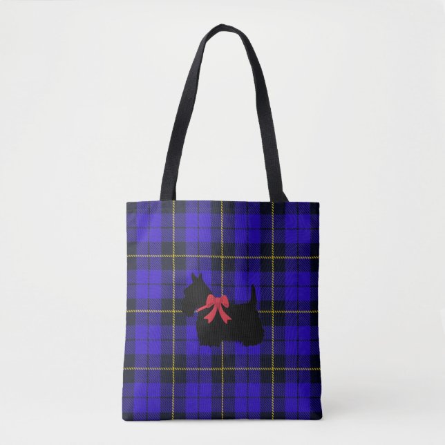Tote Bag Plaid bleu avec l'écossais Terrier avec l'arc (Devant)