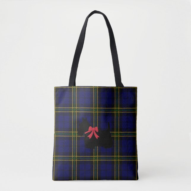 Tote Bag Plaid bleu avec Scottish Terrier à arc rouge (Devant)