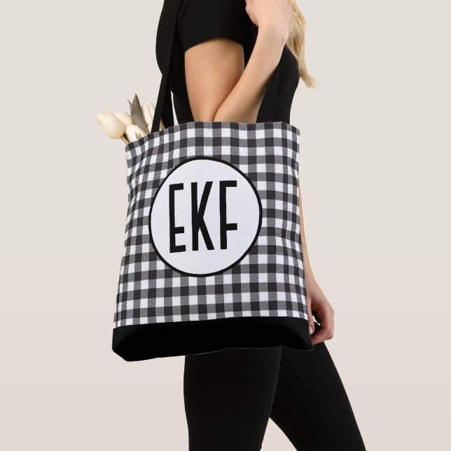 Tote Bag Plaid Buffalo Noir et Blanc avec Monogramme Tendan (De près)