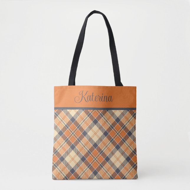 Tote Bag Plaid diagonal - Orange, Gris, Pêche Personnalisé (Devant)