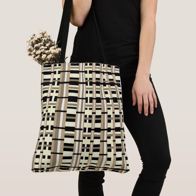 Tote Bag Plaid en Taupe, Tan, noir, blanc (De près)