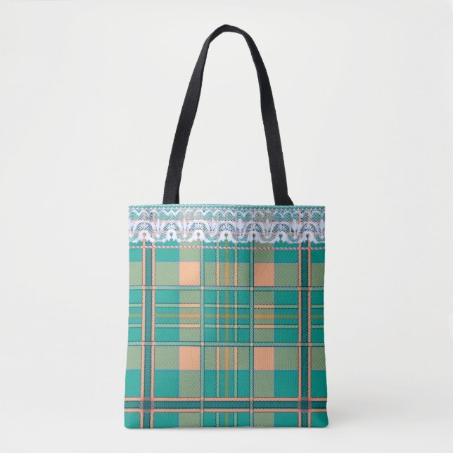 Tote Bag Plaid et dentelle vert et pêche fourre-tout (Devant)