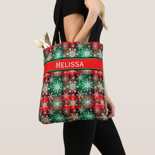 Tote Bag Plaid Et Snowflakes Noël Motif 1 Avec Nom (De près)