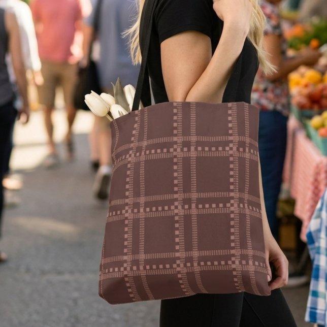Tote Bag Plaid Géométrique Marron et Mauve Classique  (Créateur téléchargé)