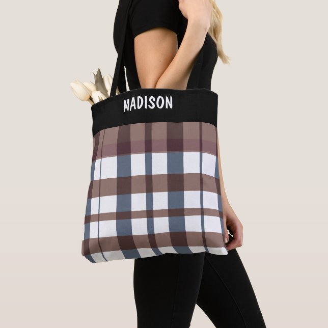 Tote Bag Plaid moderne tendance personnalisée (De près)