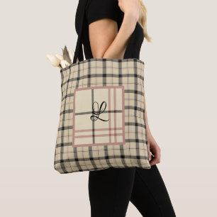 Tote Bag Plaid noir et crème personnalisé