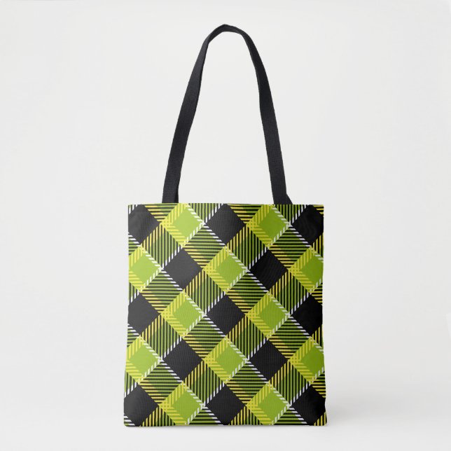 Tote Bag Plaid Noir Et Vert (Devant)