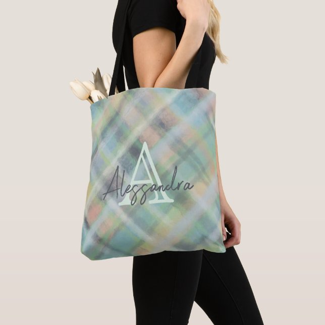 Tote Bag Plaid pastel monogrammé vert gris jaune sarcelle (De près)
