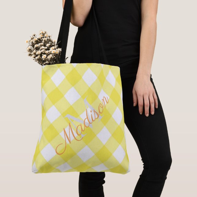 Tote Bag Plaid Summer Yellow Cute Girl Nom Monogramme (De près)
