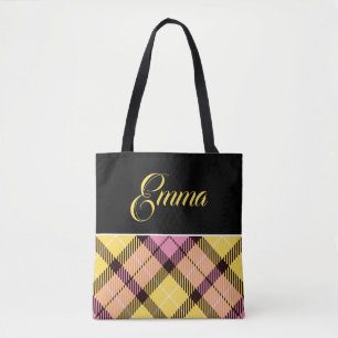 Tote Bag Plaid Tartan Personnalisé Nom Noir Jaune Rose