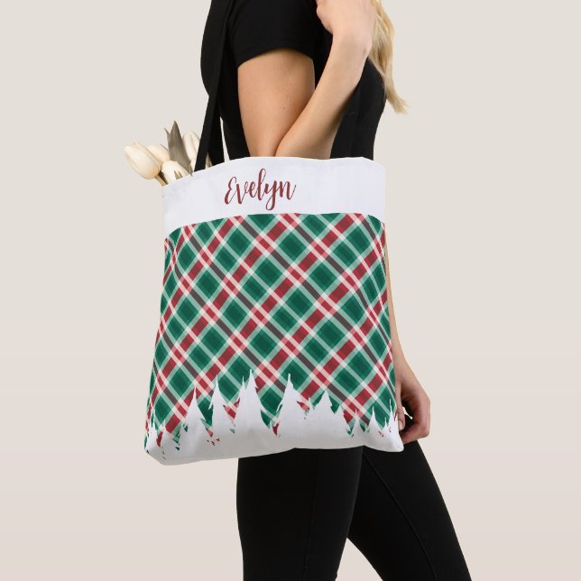 Tote Bag Plaid traditionnel rouge et vert avec nom Noël (De près)