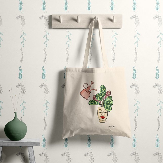 Tote Bag Plante d'intérieur drôle et mignonne avec votre no (Tote bag with fun illustrated plant and customizable with your name)