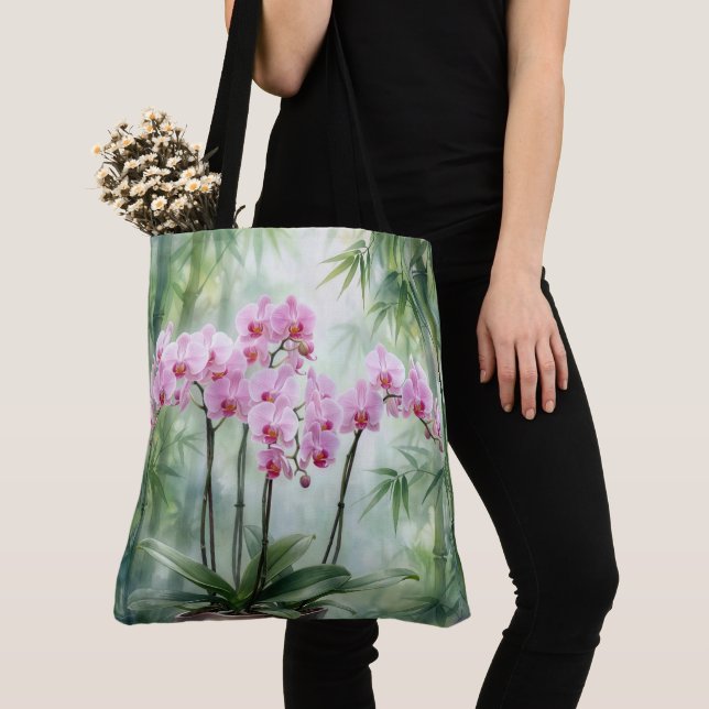 Tote Bag Plante d'orchidée rose sur fond de bambou (De près)