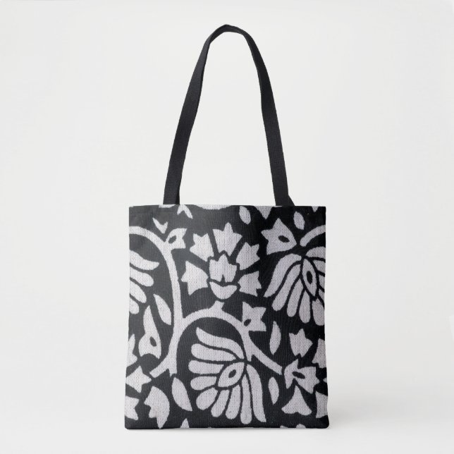 Tote Bag Plante, fleurs, nappe abstraite noir-blanc. (Devant)