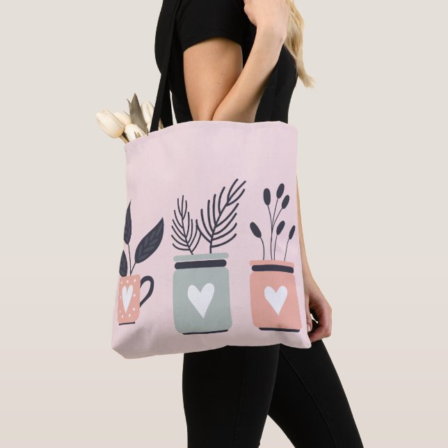 Tote Bag Plantes de pot moderne rose et gris pastel (De près)