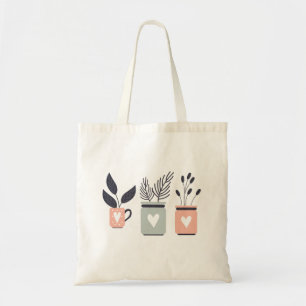 Tote Bag Plantes en pot modernes rose pastel et gris