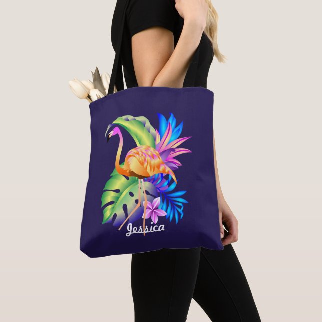 Tote Bag Plantes et Flamants roses tropicaux Personnalisés (De près)