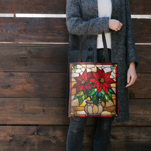 Tote Bag Plantes Poinsettias Faux Vitrail