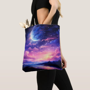 Tote Bag Pleine lune Céleste Étoiles Nuages Mystique Violet