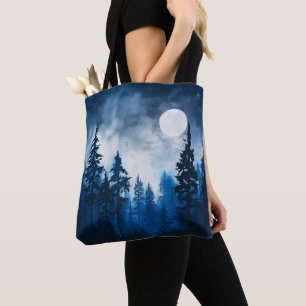 Tote Bag Pleine lune forestière éffrayante Halloween bleu e