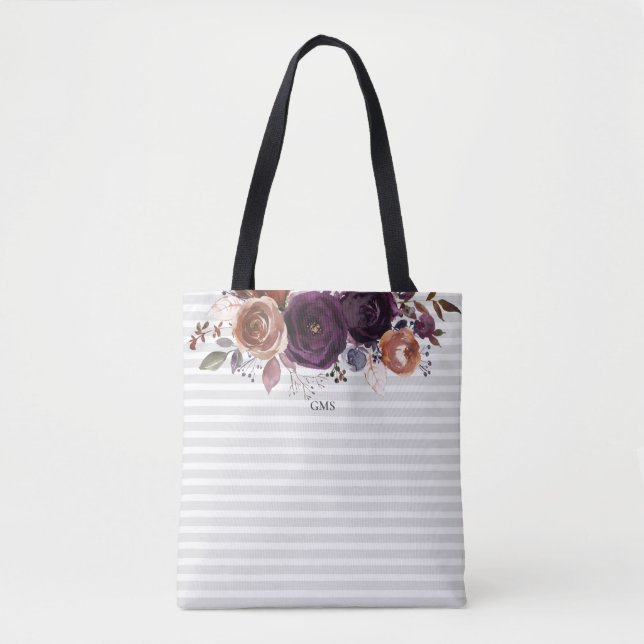 Tote Bag Plum pourpre et monogramme floral bordeaux (Devant)