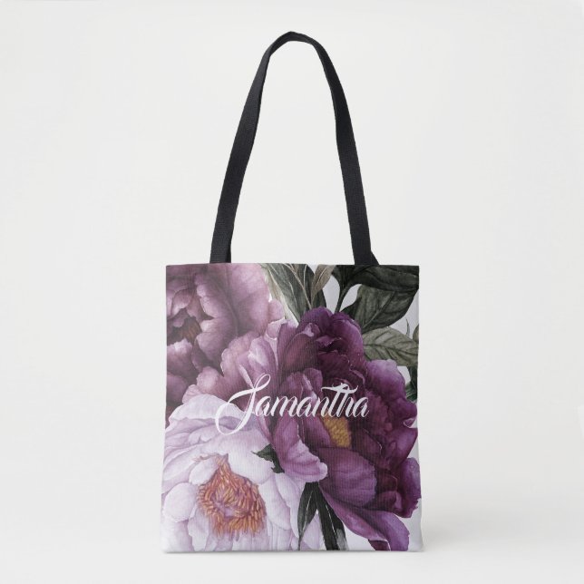 Tote Bag Plum pourpre foncé Peonies roses Vert | (Devant)