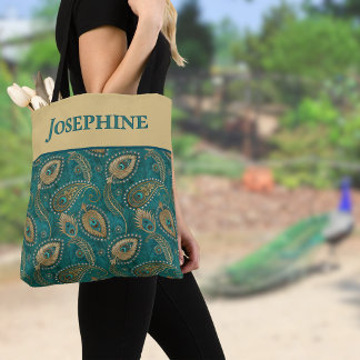 Tote Bag Plume de paon Paisley Sarcelle Or Nom Vintage