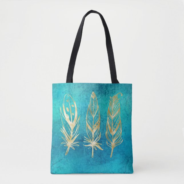 Tote Bag Plumes bleu et or turquoise (Devant)