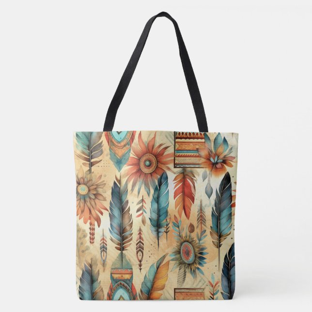 Tote Bag Plumes bleues de la tribu Aztec Boho (Devant)