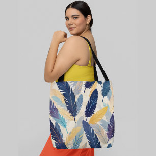 Tote Bag Plumes colorées dans les tons bleu jaune motif