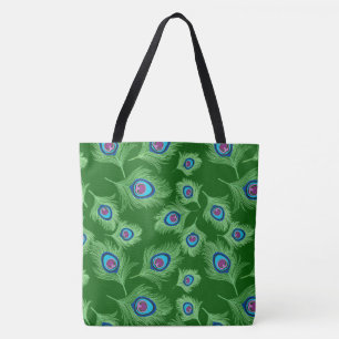 Tote Bag Plumes de chaux et de paon bleu sur vert émeraude