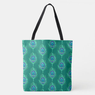 Tote Bag Plumes de paon, Aqua sur Turquoise / Peacock